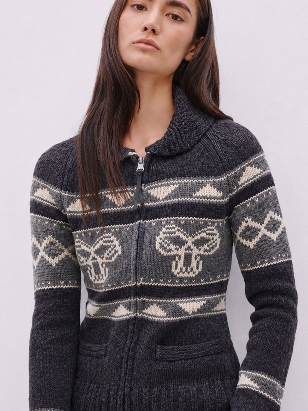 TNA 100% Lambswool Sea to Sky Cowichan Sweater Full Zip Y2K Cowl Neck S Aritzia